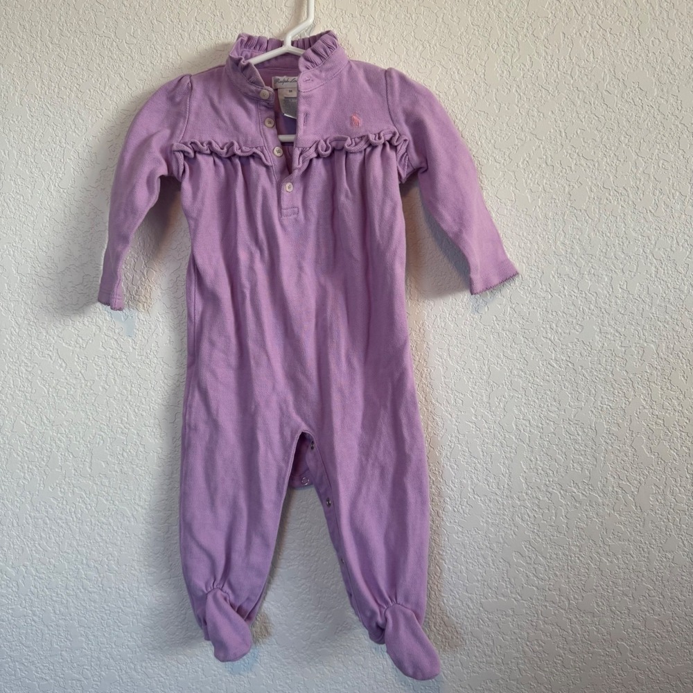 Ralph Lauren Footie Romper Baby Girl 9M Purple Ruffle Cotton Polo One Piece